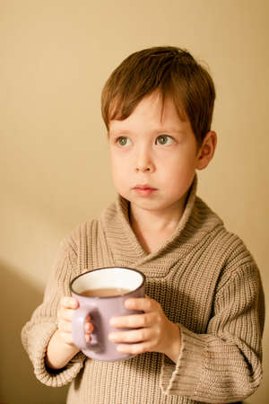 boy drinks cocoa. Warm autumn photography. A boy in a brown sweater drinks from a mug.の写真素材