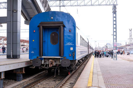 04.27.2021 Russia-Kazan Railway station in Kazan.the beginning of the blue train at the station.のeditorial素材