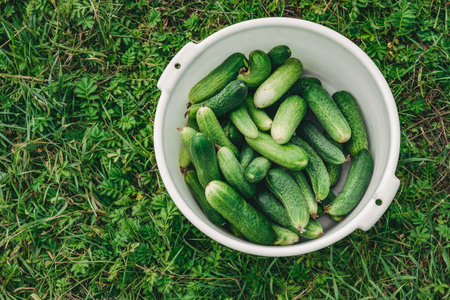bowl of cucumbers on the grass. Good harvest of cucumbersの写真素材