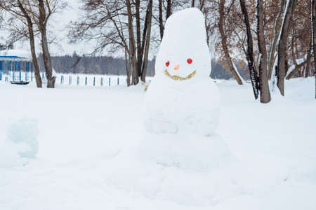 smiling snowman in the park against the background of snowの写真素材