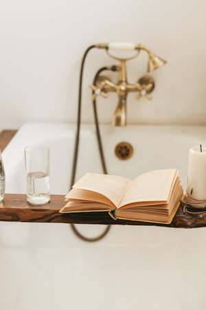 a book, a bottle of water, a glass and a candle on a wooden tray above the bathroom, against the background of an antique faucetの写真素材