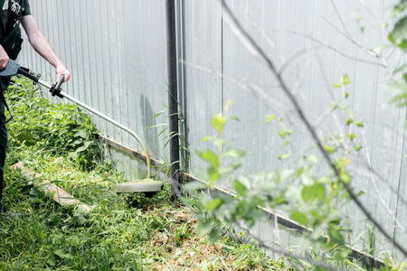 a man mows lawn grass with a lawn mower. petrol lawn mower, trimmer close-up. man working in the gardenの写真素材
