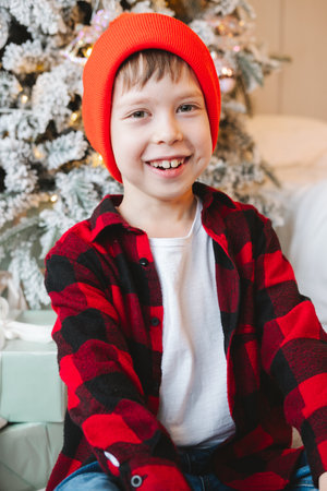 A boy in a red cap and a plaid shirt sits near a Christmas tree with gifts on the floor and smilesの写真素材