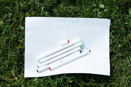 colored markers and a blank sheet of paper on green grass, top view