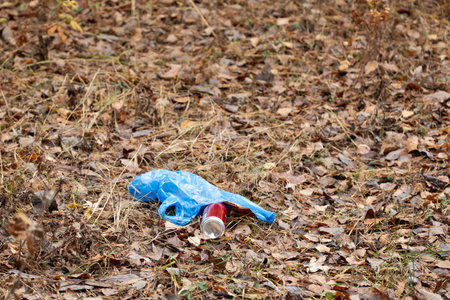 A bag of garbage and an iron can are lying among the leaves in an autumn forest.の写真素材