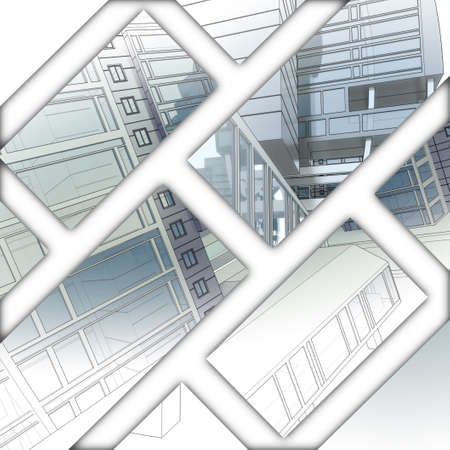 Collage sketch of a city street, business center.