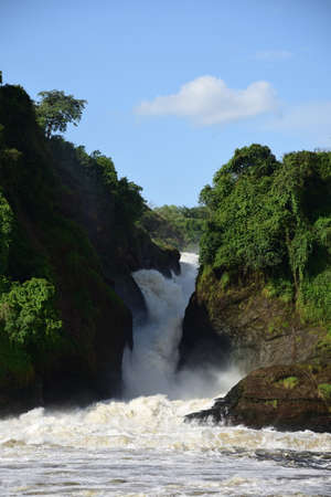 Waterfall in beautiful green forest with white water, rocks, roaring water, Murchison Falls National Park Ugandaの写真素材
