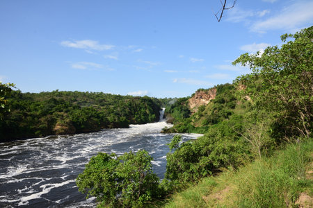 Murchison Falls National Park Uganda, Waterfall in beautiful green forest with white water, rocks, roaring waterの写真素材