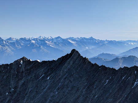 View from the Dom towards the Nadelhorn and Lenzspitz with the valais alps in the background. high tour, mountaineeringの写真素材