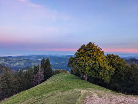 hilly landscape in the zurich oberland, switzerland. Wonderful autumn mood at sunrise on the schnebelhorn, fischenthalの写真素材