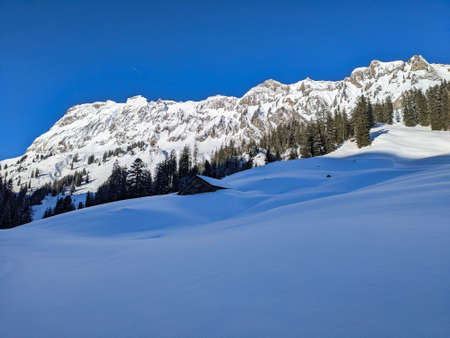 Ski tour in Switzerland. Mountaineering with ski on the mountain Silberen in the canton of Glarus Uri Switzerland.の写真素材