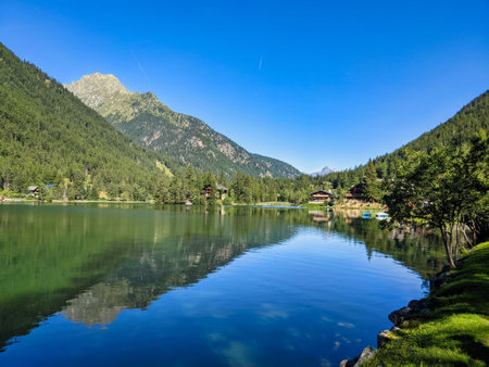 lac de champex. Beautiful mountain lake above Orsieres in Valais. idyllic landscape. Enjoy the silence of nature.の写真素材