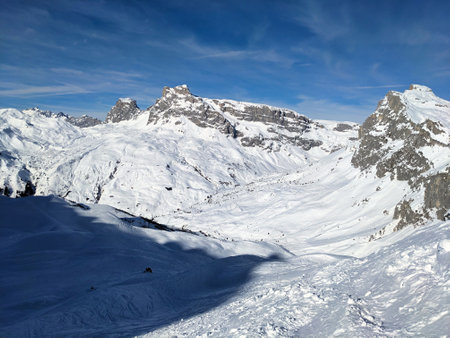 Ski tour in Partnun St. Antonien in the canton of Graubunden Switzerland. Ski mountaineering in the beautiful alpsの写真素材