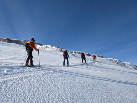 Ski touring group on the way to the summit. Mountaineering with skis in winter on the...