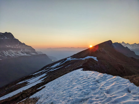 Ski tour on the Gemsfairenstock in spring. First to the snow hiking. Ski mountaineering in Glarus Uri Switzerland. High quality photoの写真素材