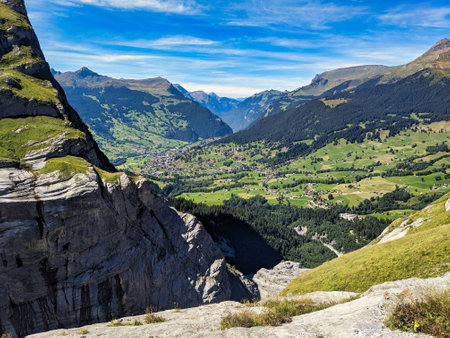 Beautiful view of the mountain village of Grindelwald near Interlaken,Switzerland.Hiking trail to the SAC Glecksteinhutの写真素材