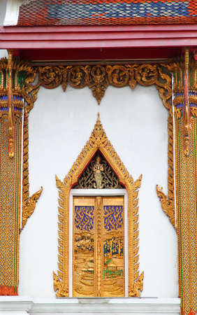 Sculpture around big window of Charor temple, Nonthaburi district, Thailandの写真素材