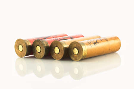Hunting shotgun shells on white with reflections