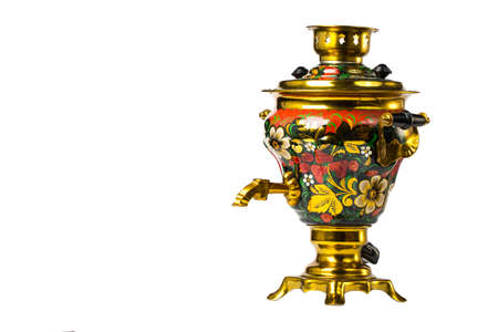 Traditional Russian colorful Samovar isolated on white backgroundの写真素材