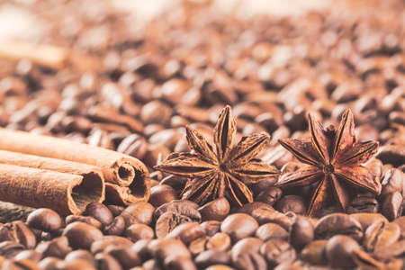 Anis, coffee beans and cinnamon sticks. Close upの写真素材