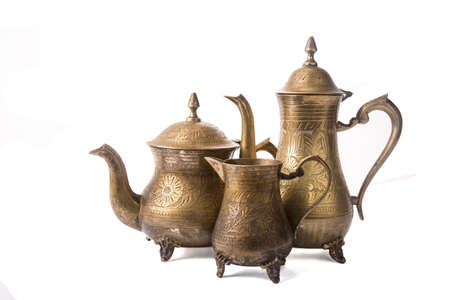 Some turkish vintage coffee pots isolated on white backgroundの写真素材
