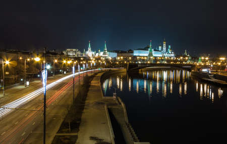 Moscow Kremlin at night. Bridge over the Moscow river. The Moscow river embankment. Moscow Kremlin is a UNESCO World Heritage Site. Color photo.の写真素材