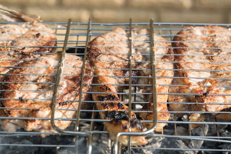 Pieces of fish roasted close up on grill plate outdoors. Tasty diet fish meal.の写真素材