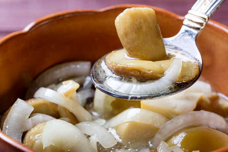 Spoon with marinaded mushroom and onion over pot with mushrooms. Close up photo.の写真素材