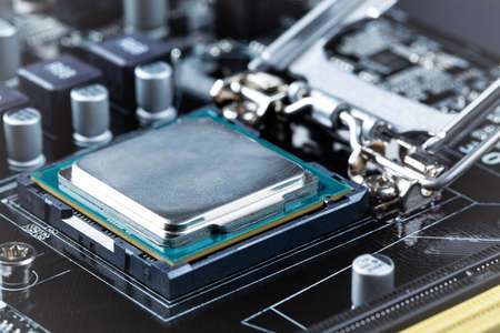 CPU installation close up in the motherboard.の写真素材