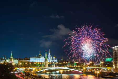 View of Kremlin with fireworks during blue hour in Moscow, Russia. 9 May Victory day celebration in Russia.の写真素材