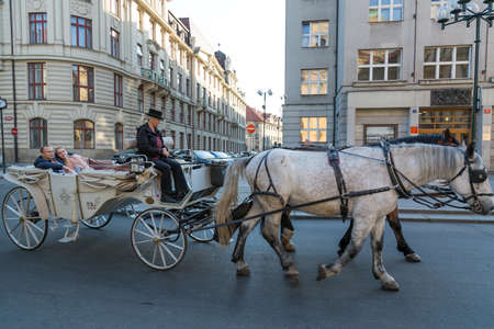 PRAGUE, CZECH REPUBLIC - MAY 2017: Horse drawn carriage with tourists in old town in Prague Czech Republic.のeditorial素材