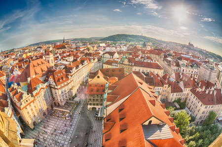 Houses with traditional red roofs in Prague Old Town in the Czech Republic. Fish-eye lens.の写真素材