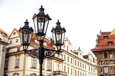Traditional street lamp on a street in the Old Town Staromestska Namesti of Prague, Czech Republic.の写真素材