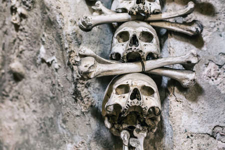 Human bones and skulls in Ossuary. Kostnice Church in Kutna Hora, Czech republic.の写真素材