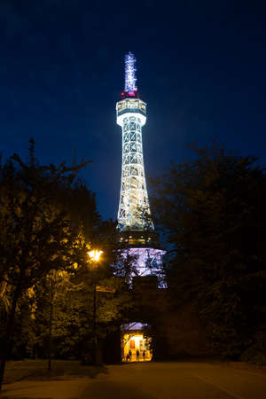 Prague Lookout Tower on Petrin hill at night.