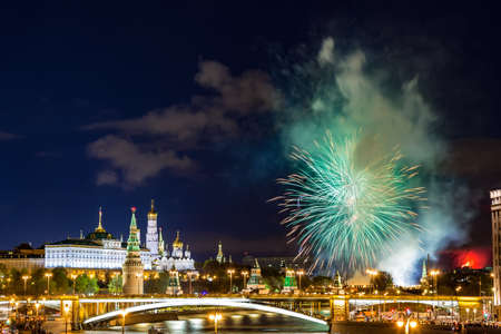 View of Kremlin with fireworks during blue hour in Moscow, Russia. 9 May Victory day celebration in Russia.の写真素材