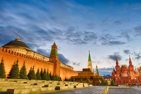 Sunset blue hour view of the Red Square, Moscow Kremlin, Lenin mausoleum, historican Museum in Russia. World famous Moscow landmarks for tourism and travel.の写真素材