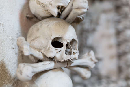 Ancient human skull and bone decoration in Sedlec, Czech republic. Kutna Hora.の写真素材