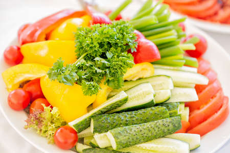 Vegetable slices with cucumber, tomatoes, paprika, lettuce, dill and herbs on white plate. Close up with selective focus.の写真素材