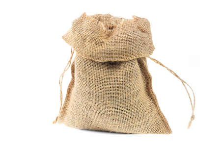 Burlap textile sack close up isolated on white backgroundの写真素材