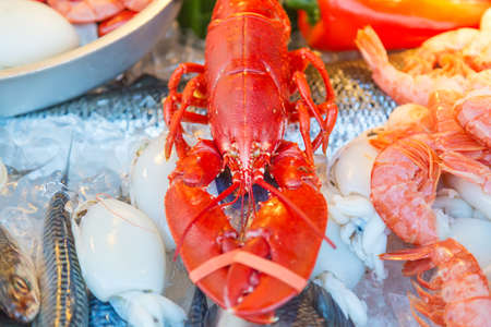 Fresh seafood red crawfish, shrimps, fish, calamary meat on ice at traditional seafood restaurant in Venice, Italy. Outdoor terraceの写真素材
