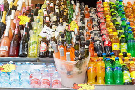 VENICE, ITALY - SEPTEMBER, 2017: Many fresh drinks cola, beer, juices, limonade on the street Outdoor summer barのeditorial素材