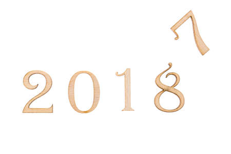 Happy New Year 2018 of real wooden figures with a figure of 7. isolated on white.の写真素材