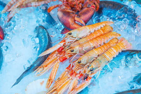 Fresh seafood huge shrimps, fish, red crawfish on ice at traditional seafood restaurant in Venice, Italy. Outdoor terrace. Image with selective focus.の写真素材