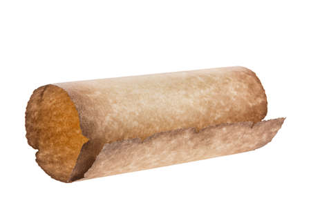 Old vintage burnt scroll close up isolated on white background.の写真素材