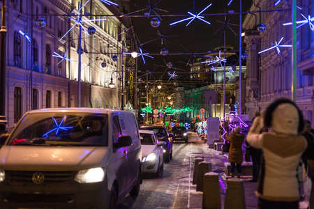 MOSCOW, RUSSIA - DECEMBER, 2015: Christmas and New Year decoration lights at Bolshaya Dmitrovka street in the center of Moscow.のeditorial素材