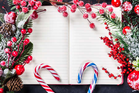 Christmas fir tree branches, decorations, candy canes, frozen red berries, cone frame on notebook, copy space for text. Can be used for Christmas or new year project.の写真素材