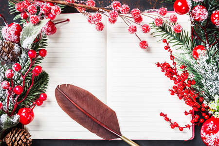 Christmas fir tree branches, decorations, candy canes, frozen red berries, cone with old vintage quill pen frame on notebook, copy space for text. Can be used for Christmas or new year project.の写真素材