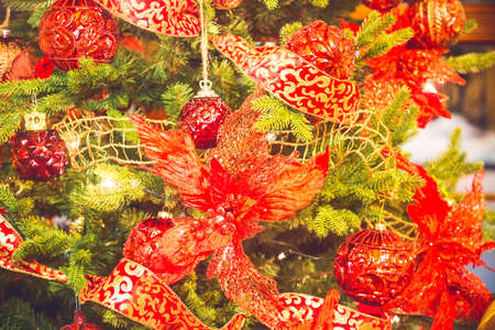 Celebration of New Year and Christmas background. Details of a Christmas tree. Detail shot of...