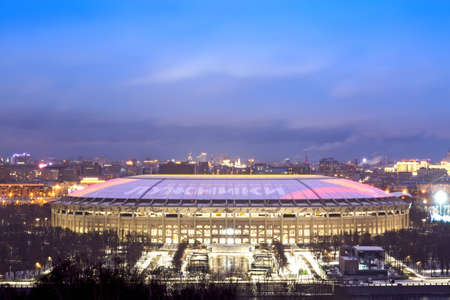 MOSCOW, RUSSIA - DECEMBER, 2017: Luzhniki stadium in Moscow during blue hour in the evening. 2018 FIFA World Cup final game stadium.のeditorial素材